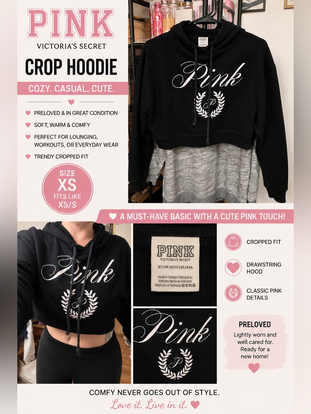 Victoria’s Secret PINK Cropped Hoodie – Black | Size XS